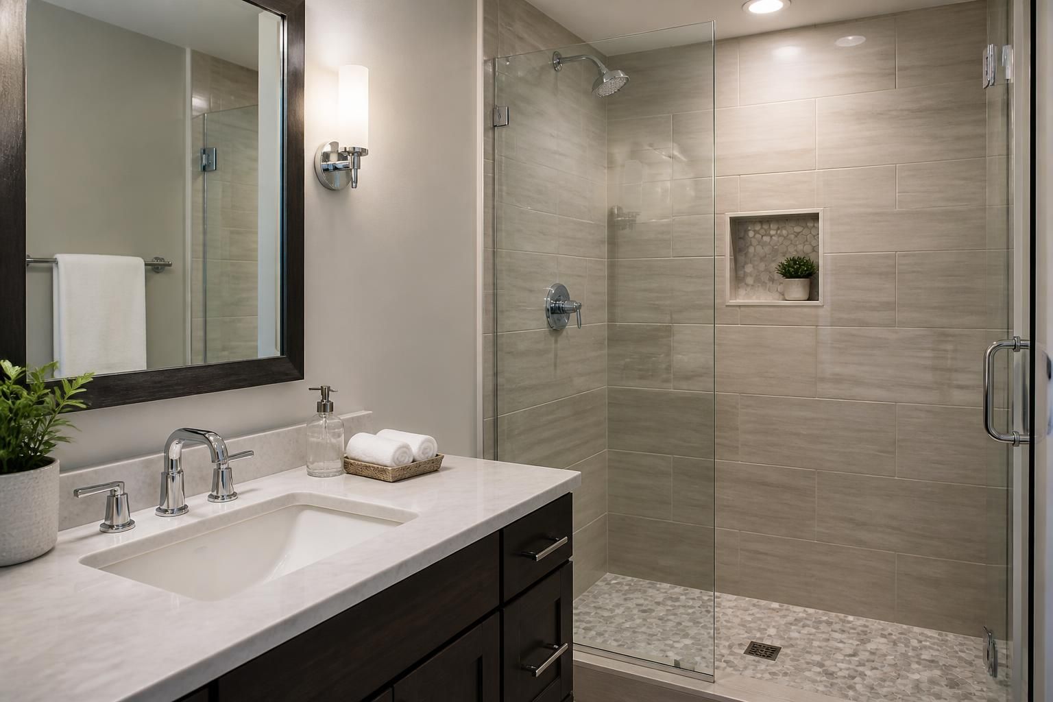 Modern bathroom with tiled shower, vanity, and chrome fixtures.