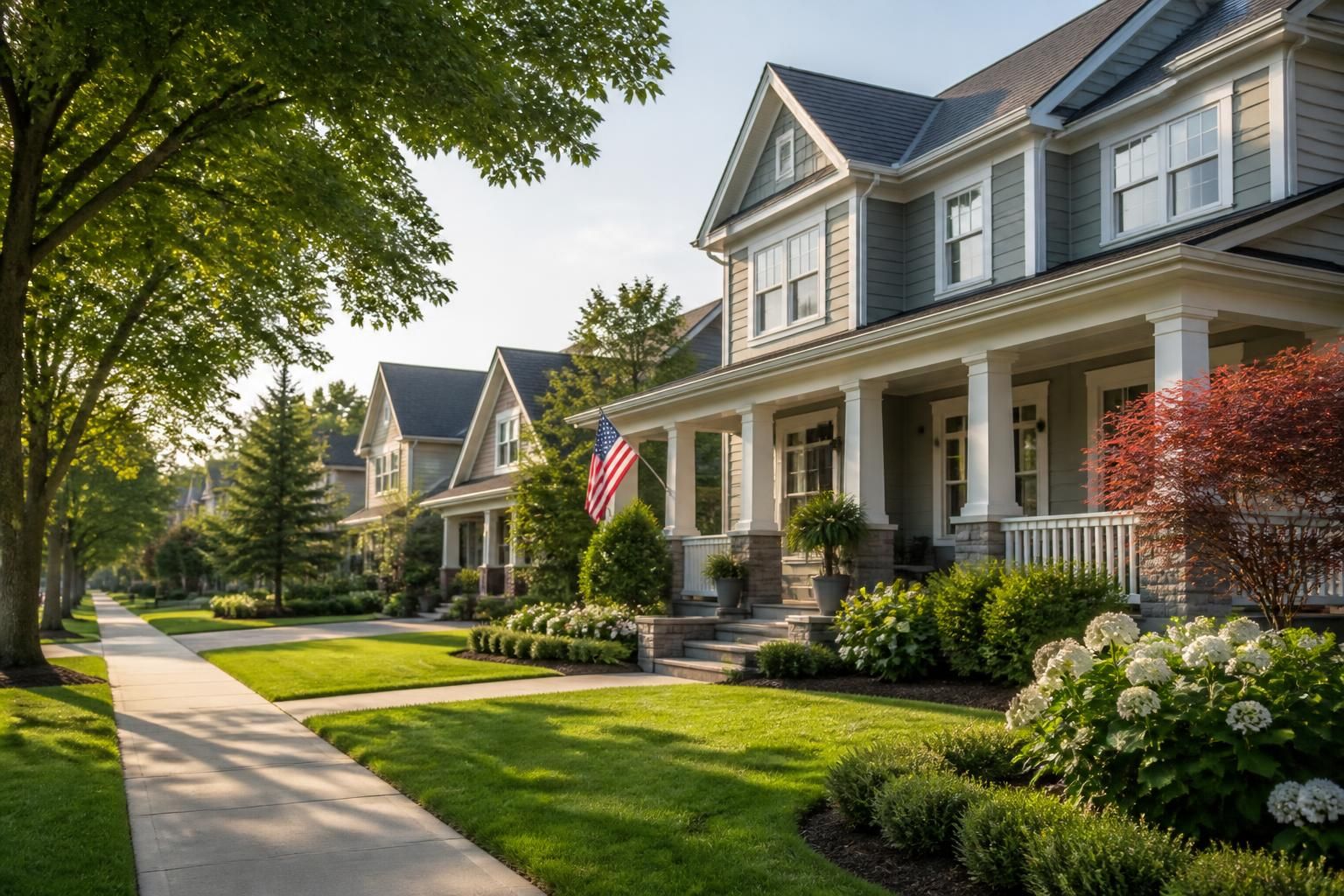 Spacious homes and manicured lawns in a bright suburban neighborhood.
