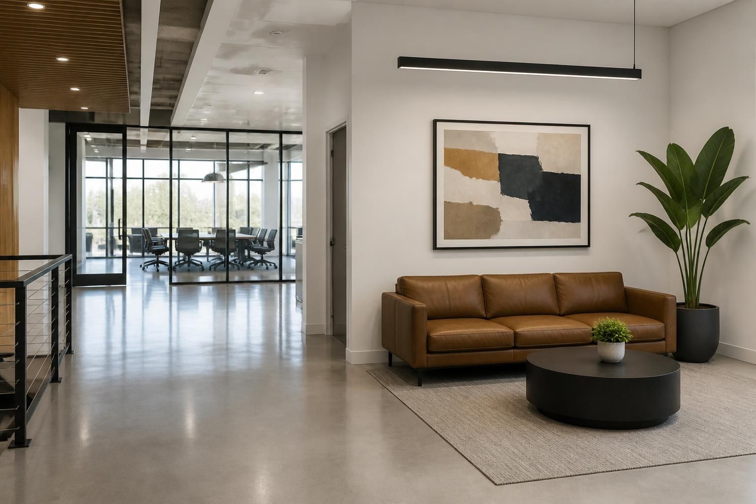 Finished commercial interior with clean walls and polished floors.