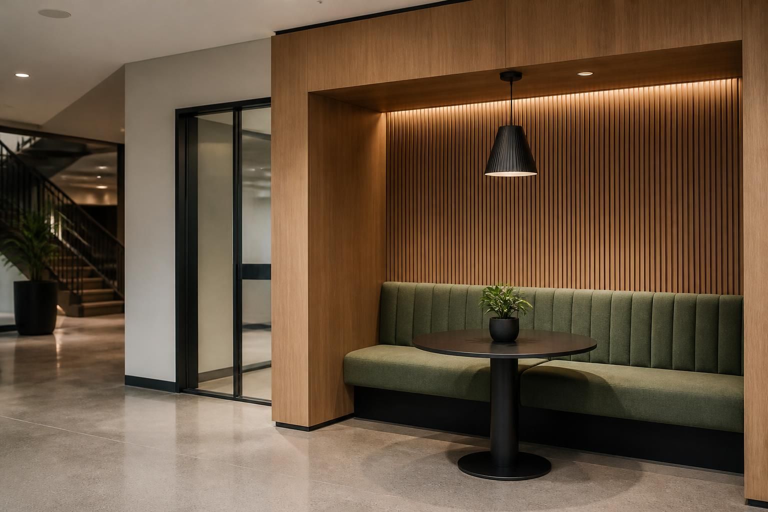 Modern finished commercial space with clean floors and finishes.