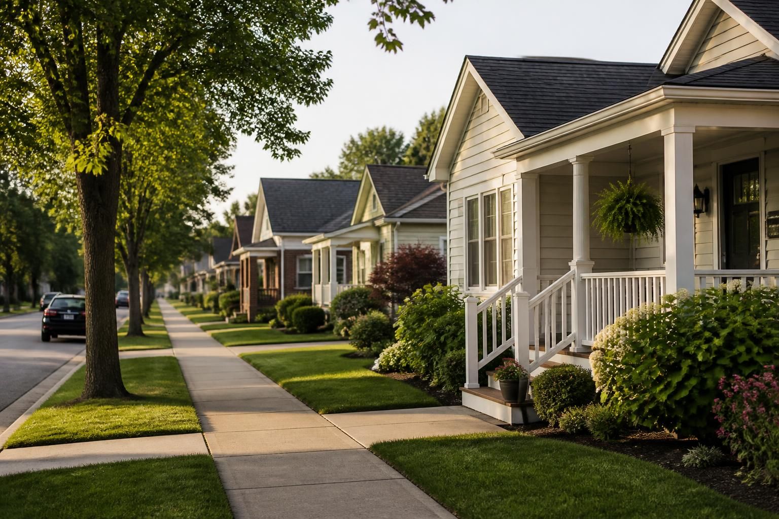 Quiet residential street with tidy yards and well-kept homes.