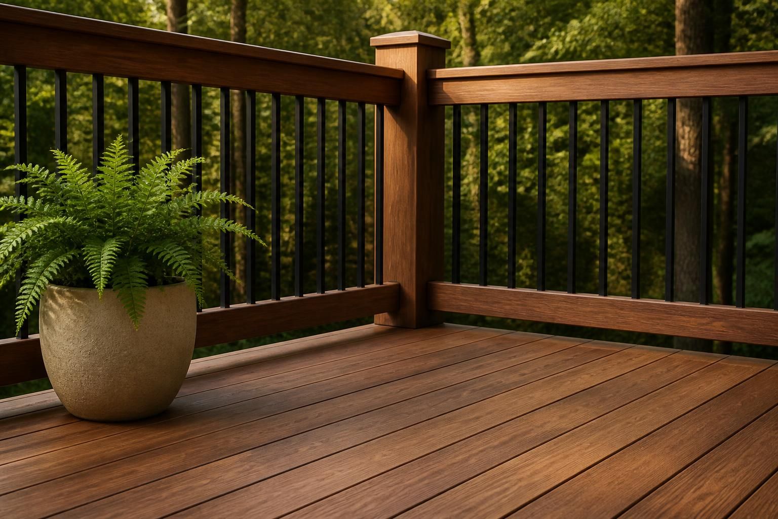 Finished wood deck with clean railings and neat boards.