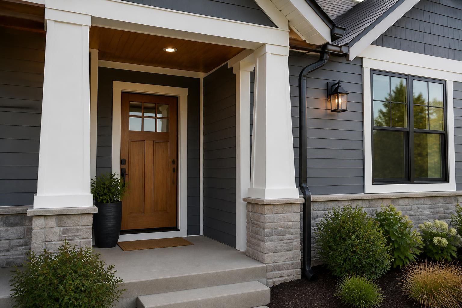 Updated home exterior with new siding, trim, and entryway.