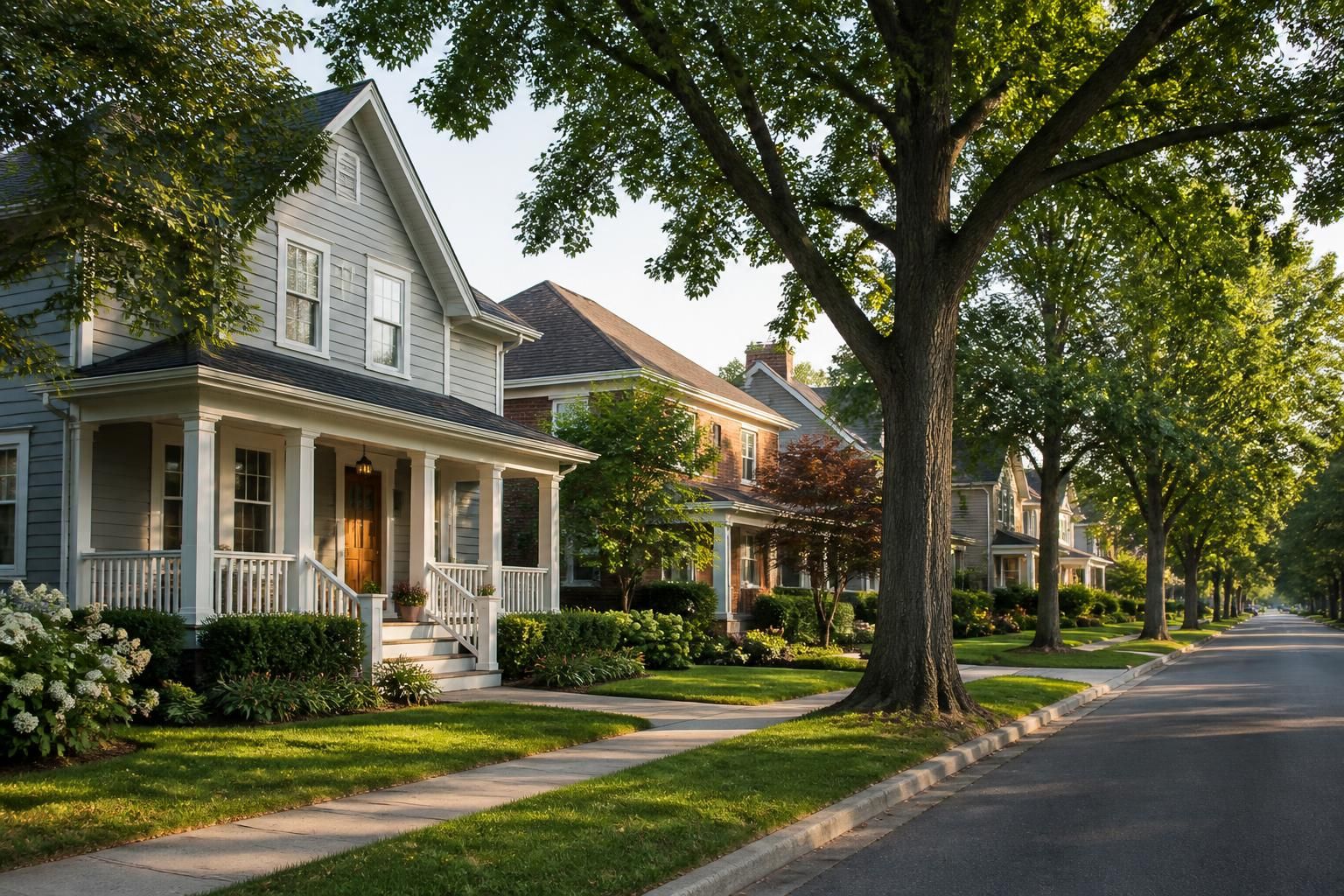 Clean residential street with greenery and well-kept homes.