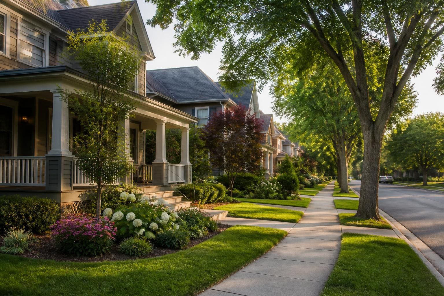 Attractive homes with landscaped yards along a peaceful street.