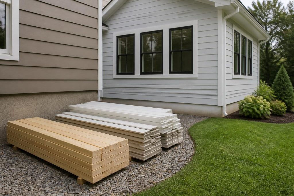 Construction materials beside a finished home addition exterior.
