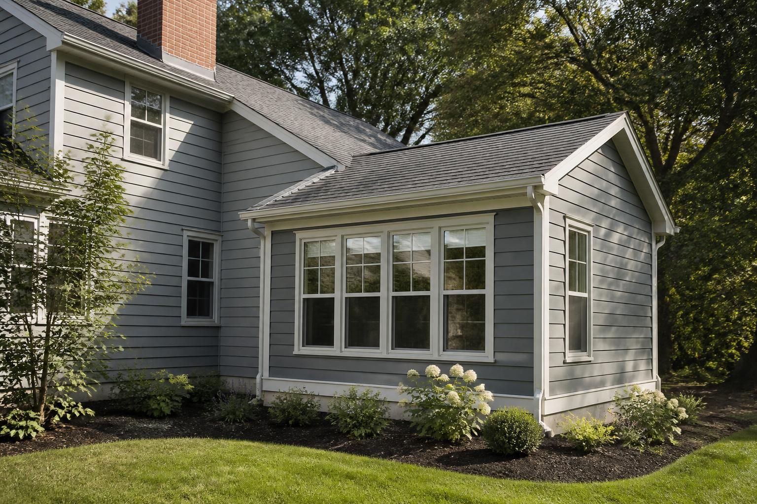 Seamless home addition with matched siding and rooflines.