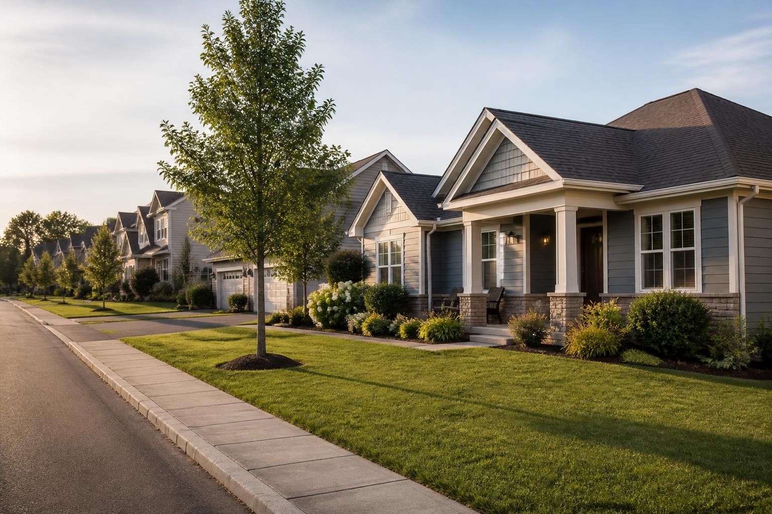 Neat suburban homes with open lawns and a calm street view.