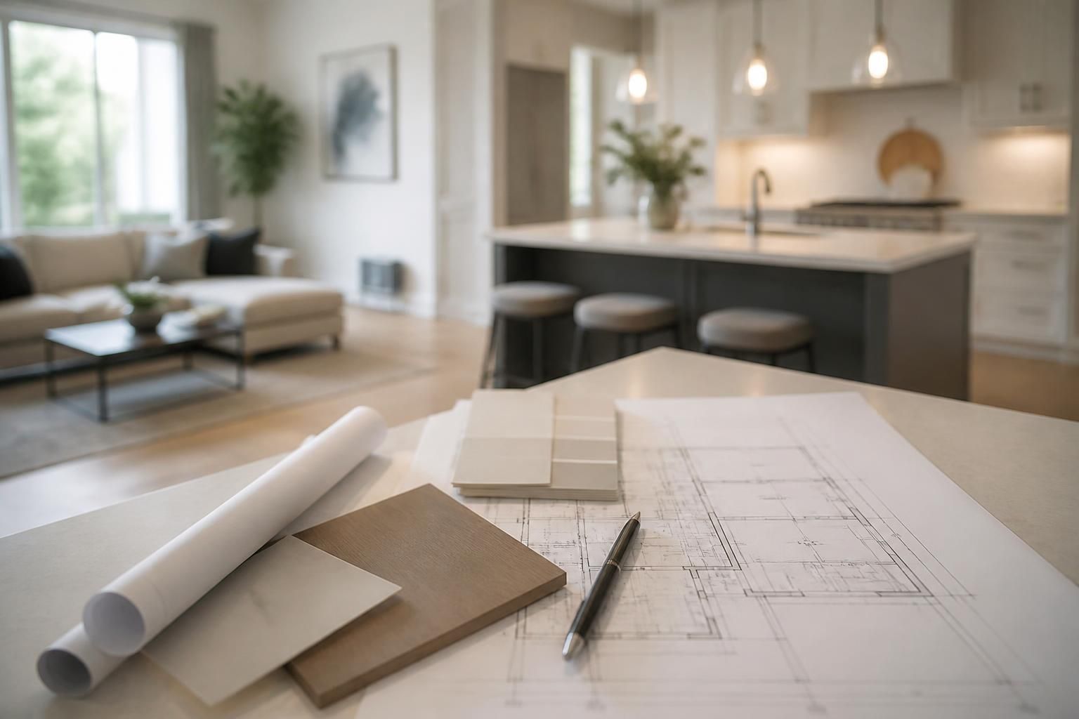 Organized renovation scene with finished interior in the background.