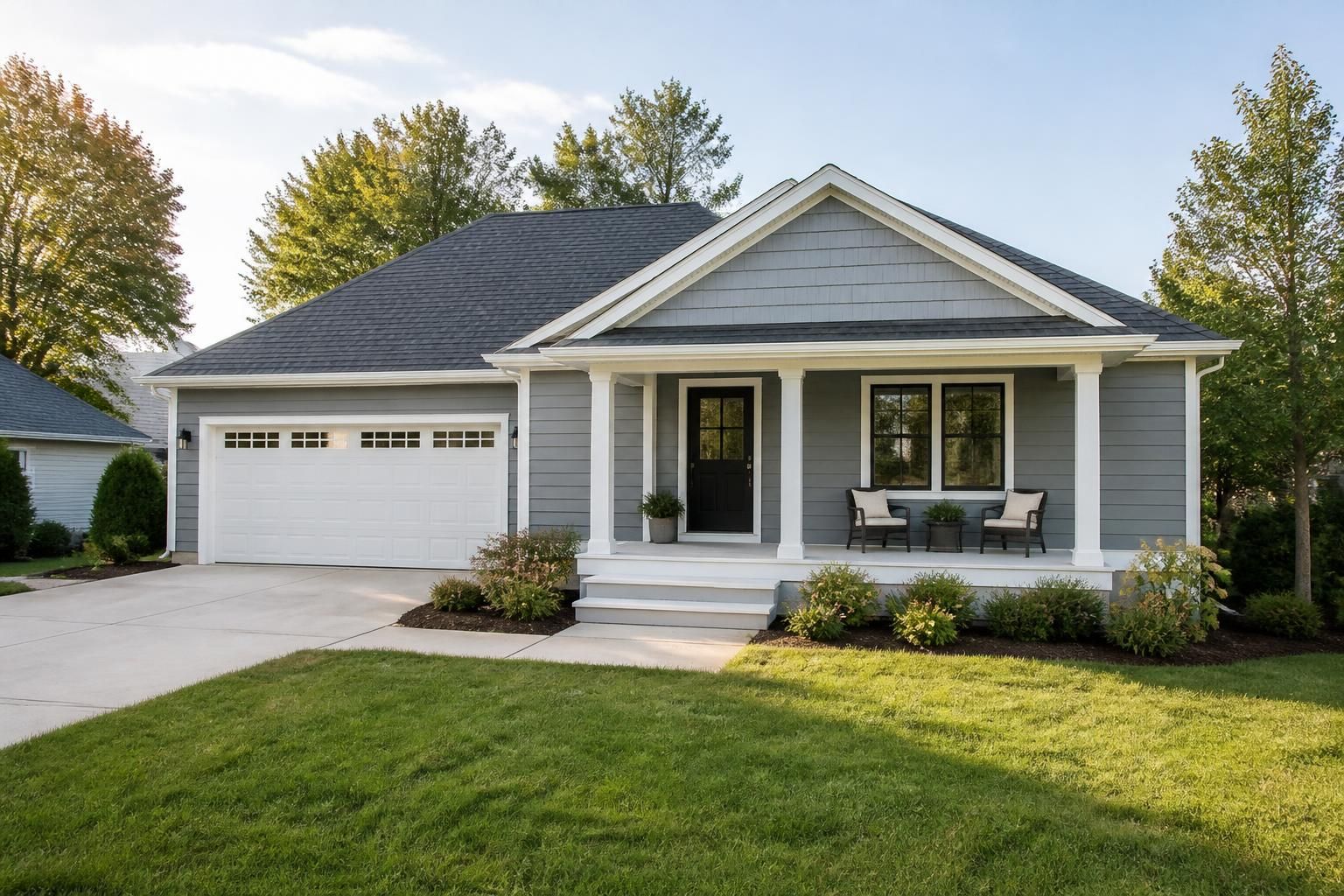 Remodeled home exterior with porch and fresh driveway in natural light.