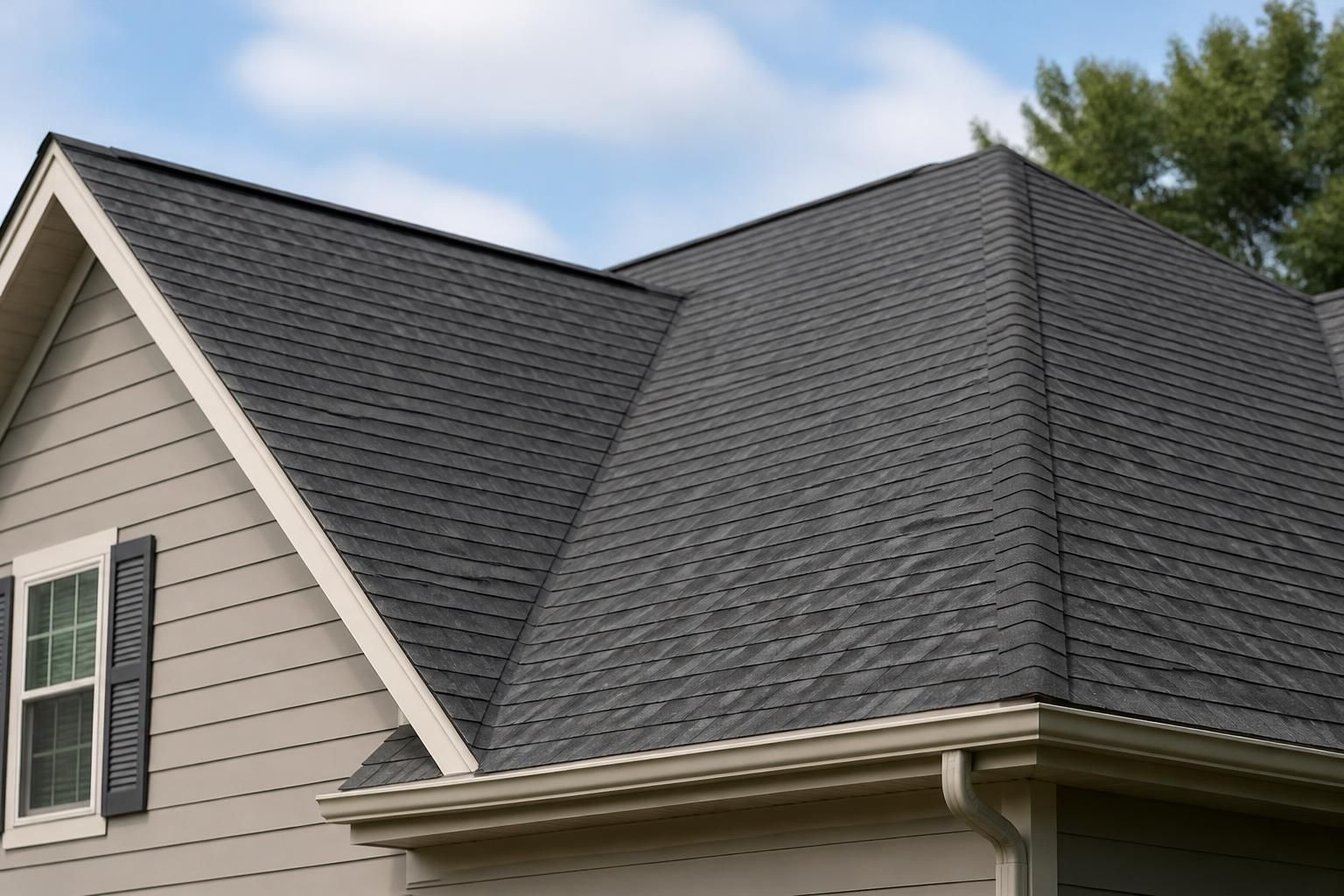 Repaired roof with clean shingles and sharp roof lines.