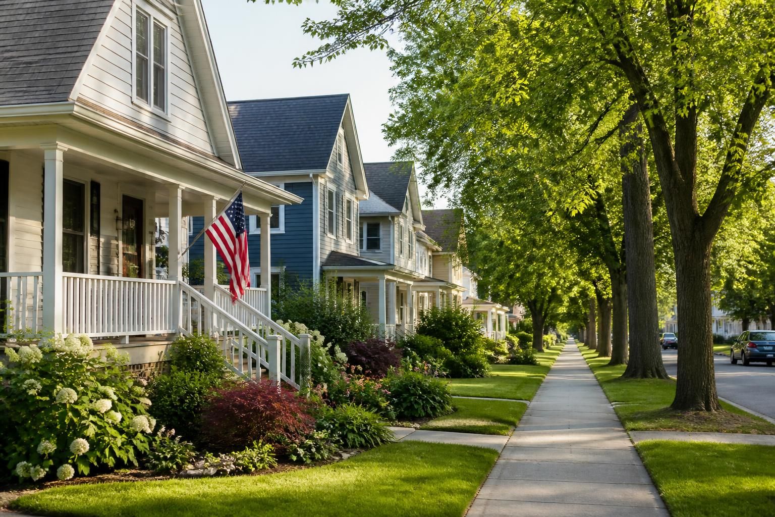 Clean street with mature trees and well-maintained homes.