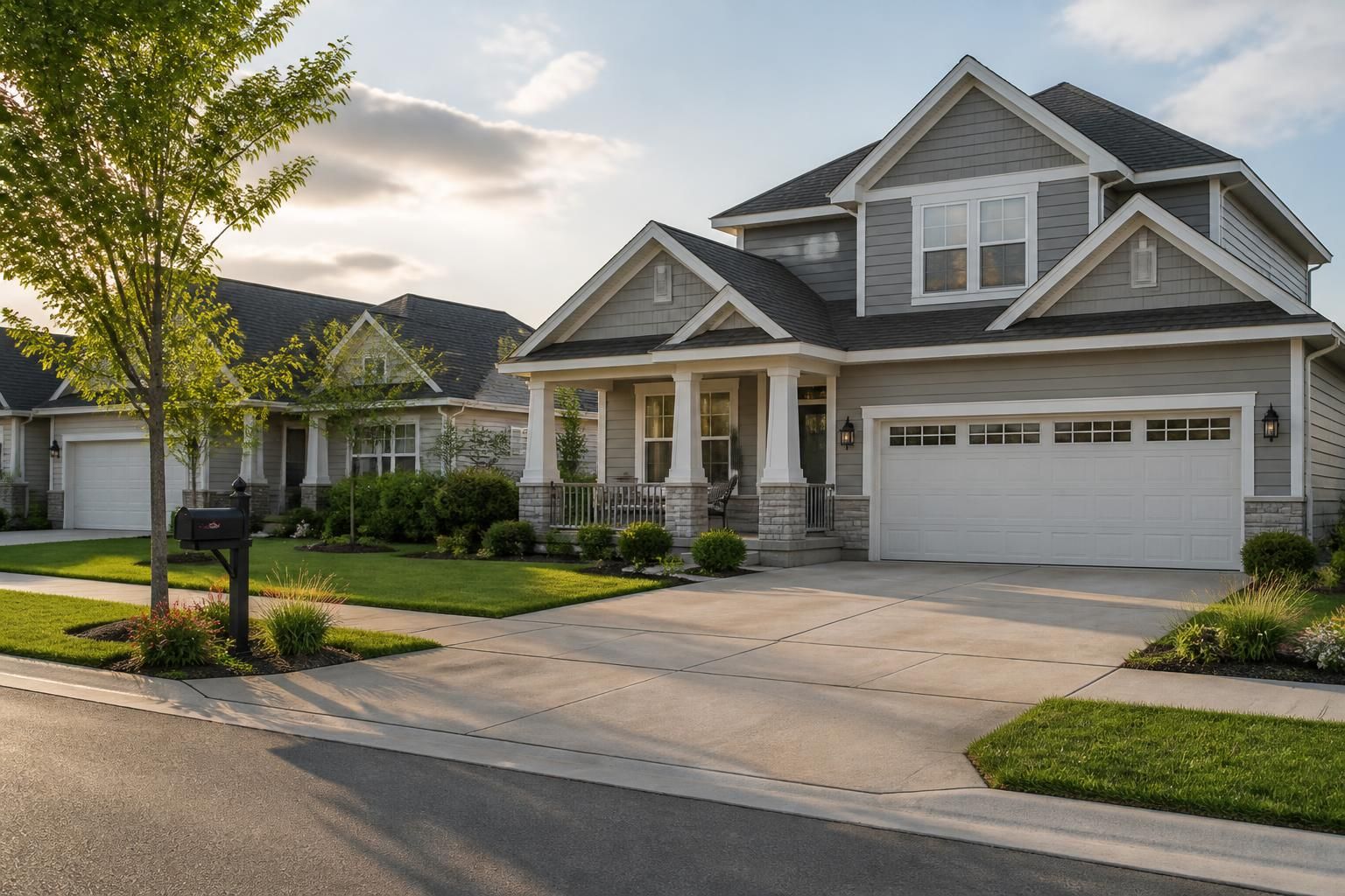 Well-kept houses with clean driveways in a peaceful suburb.