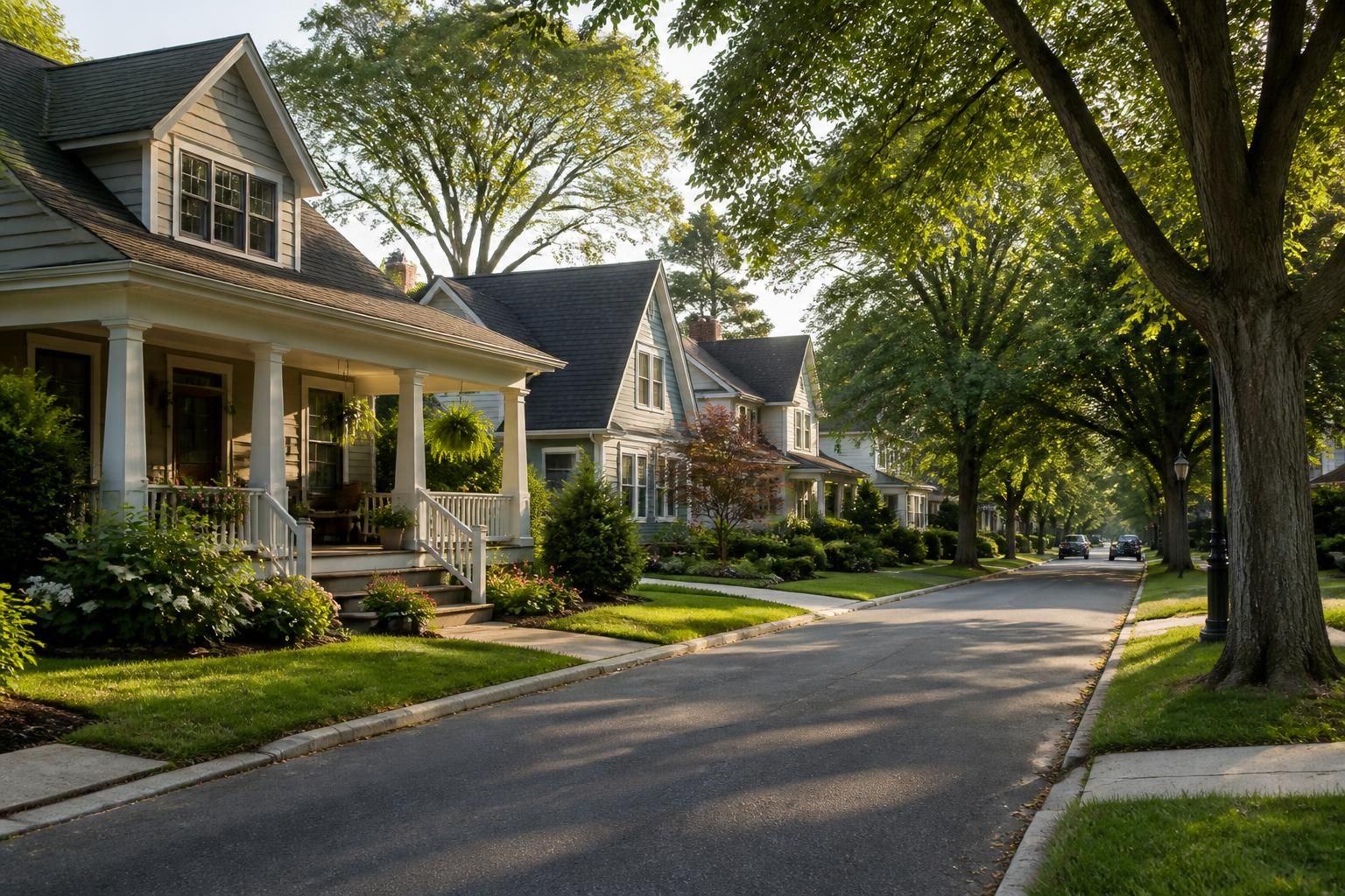 Quiet neighborhood street with well-kept homes and mature trees.