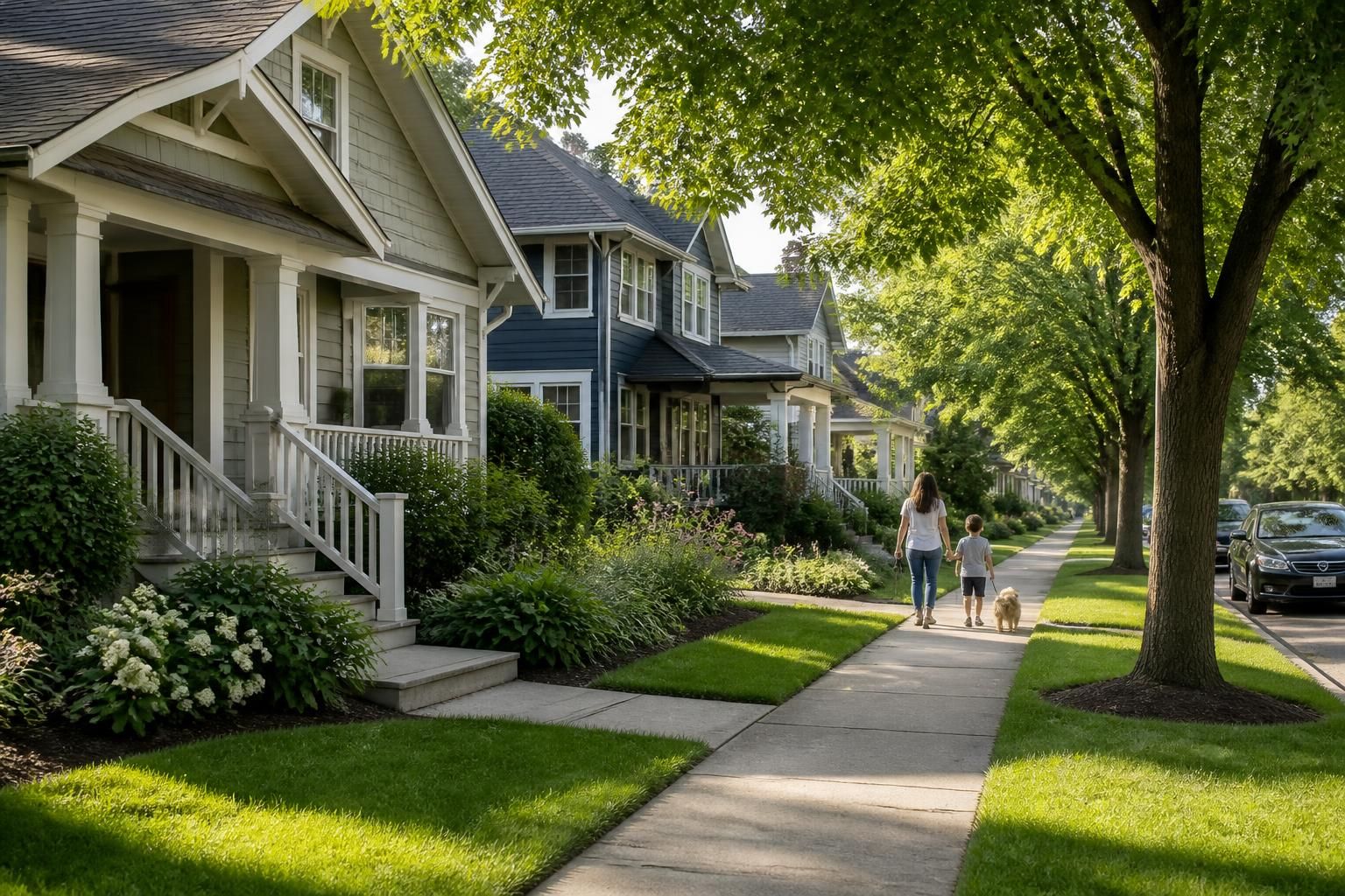 Tidy residential block with clean sidewalks and calm lighting.